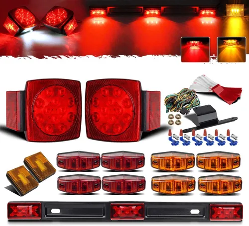 Partsam Kit de luces sumergibles para remolque de 12 V, kit de LED cuadrado + barra de luz de identificación roja/ámbar de 14 pulgadas + luces de