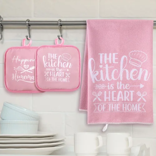 Miniatura 3 de Sratte Juego de 6 Piezas de Accesorios de Decoración de Cocina Estilo Granja Toallas Agarraderas Juego de Manoplas de Horno 2 Paños de Cocina 2 Rosa