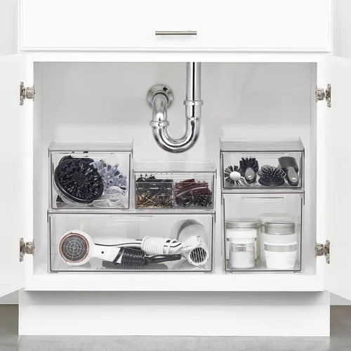 Miniatura 2 de mDesign - Contenedores organizadores de almacenamiento de baño apilables de plástico con cajón frontal extraíble para encimera de baño, tocador