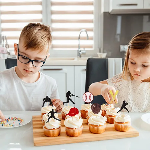 Miniatura 3 de 24 piezas de adornos para cupcakes de béisbol con purpurina, jugadores de béisbol, temática deportiva, adornos para magdalenas, temática deportiva