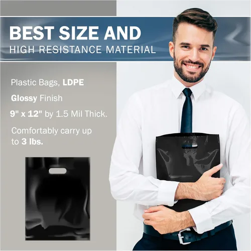 Miniatura 3 de PPB - Bolsas de plástico negro de 9 x 12 pulgadas, acabado brillante, tamaño pequeño al por menor, paquete de 200, 1.5 mil de grosor, con asas