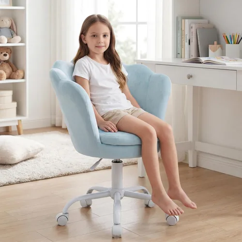 Miniatura 9 de Silla de escritorio de terciopelo para niños, bonita silla de computadora moderna tapizada, con brazo giratorio, silla de tocador ajustable