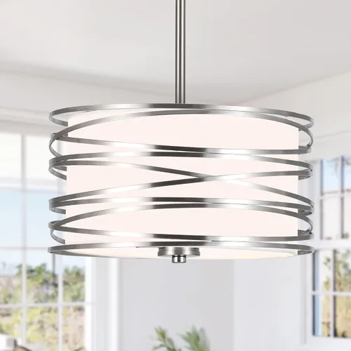 Miniatura 9 de ACNKTZ Lámpara Colgante de Tambor de 12.6'', Luminaria Colgante, Candelabro Retro Semi Empotrado, Candelabros Plateados para Comedor Dormitorio