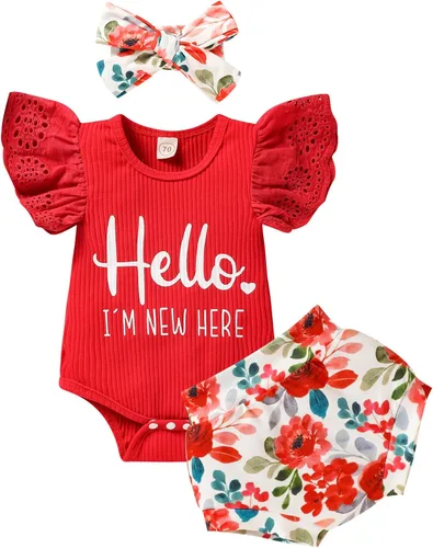 ZOELNIC Ropa de bebé niña, mameluco de encaje con volantes de verano para recién nacido + pantalones cortos florales, 3 piezas, sesión de fotos para