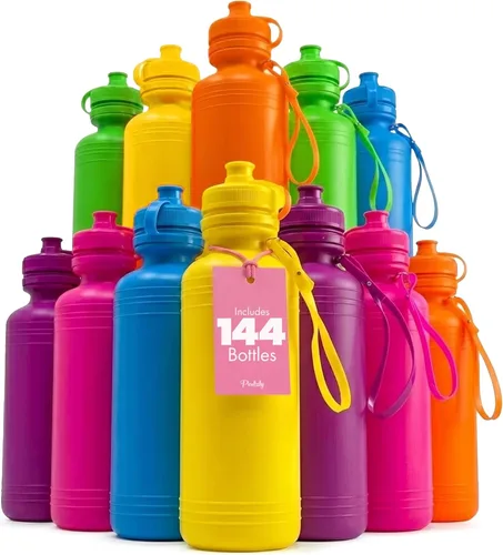Miniatura 8 de Podzly Botellas de agua a granel para niños, paquete de 12 – Botellas de agua de plástico neón de 18 onzas a granel – Botellas deportivas