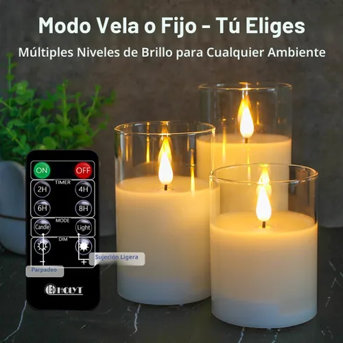 Miniatura 4 de LEDHOLYT Velas recargables de cristal sin llama, regalos para mujeres, juego de 3, luz LED parpadeante realista, control remoto y temporizador