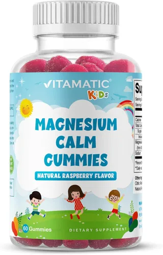 Vitamatic Gomitas calmantes de magnesio para niños, 60 unidades, veganas, gran sabor, promueven el apoyo saludable, muscular, óseo y energético