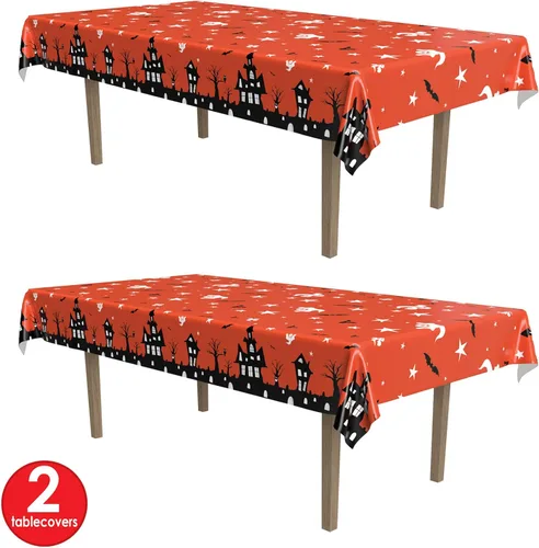 Miniatura 3 de Beistle Mantel de casa embrujada, 54 x 108 pulgadas, 2 piezas, mantel de plástico, mantel rectangular, mantel de Halloween, mantel de vacaciones