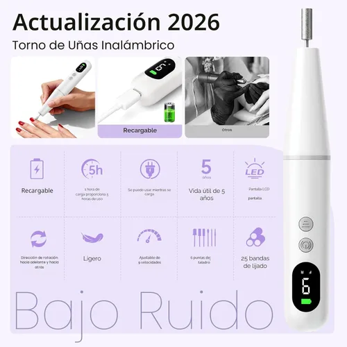 Miniatura 4 de Kit de taladro eléctrico de uñas, lima de uñas eléctrica, máquina de taladro de uñas inalámbrica para uñas de polvo de gel acrílico, manicura Blanco