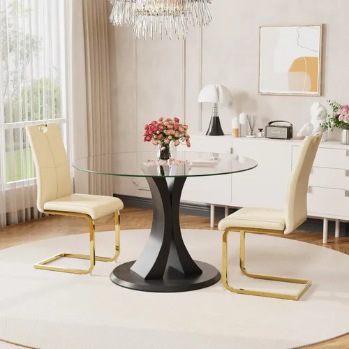 Miniatura 7 de Juego de sillas de comedor modernas (2 unidades) de piel sintética PU con respaldo alto tapizadas con patas doradas de metal para cocina y comedor