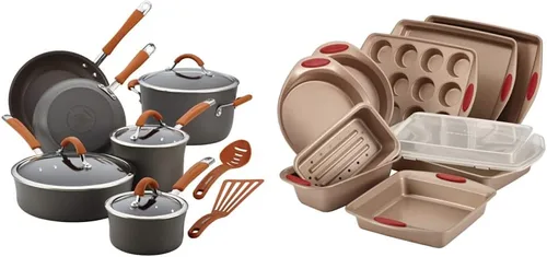 Rachael Ray Cucina - Juego de ollas y sartenes antiadherentes anodizadas duras aptas para lavavajillas, 12 piezas, gris con asas naranjas y juego de
