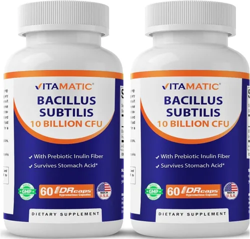 Vitamatic Bacillus Subtilis 10 mil millones por cápsula DR – 60 unidades – Apoyo digestivo, intestinal e inmunitario – Fabricado con fibra de