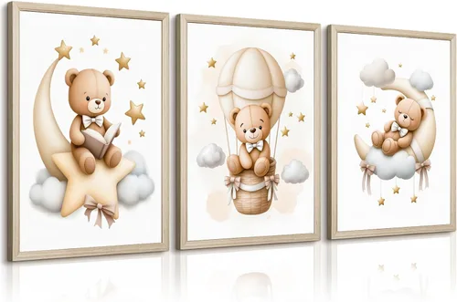 Miniatura 13 de Baccone Arte de pared para habitación de guardería con oso de peluche, póster para habitación de bebé niño o niña, decoración de pared de guardería