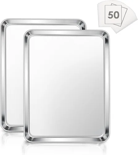 Miniatura 9 de E-far - Juego de 2 bandejas pequeñas para hornear, horno tostador de acero inoxidable de 9.4 x 7.3 pulgadas con 50 papeles pergaminos, mini bandeja
