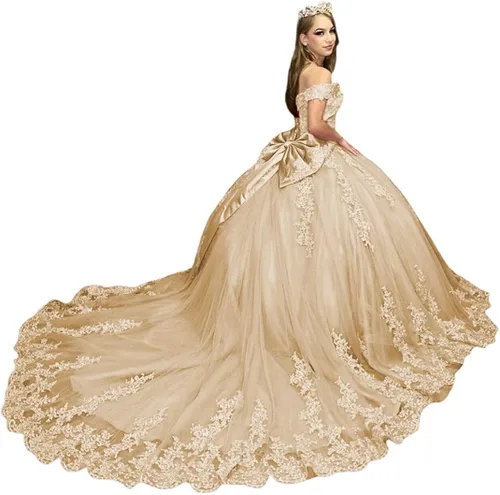 PFTFB Vestidos de quinceañera con hombros descubiertos para mujer, vestidos de tul hinchados con tren, encaje y cuentas, vestido largo de baile para