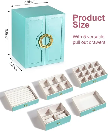 Miniatura 5 de ATDORO Joyeros grandes organizadoresestuche con 5 cajones, regalo para mujeres, adolescentes, niñas, niños, gran joyeríasoporte de cuero sintético