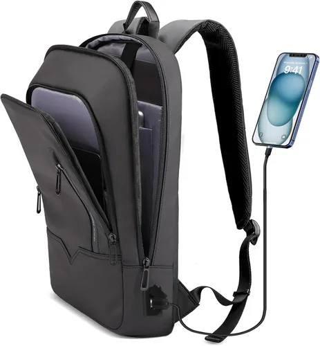 Miniatura 8 de Mochila hk para Hombre de Negocios, Mochila Delgada con Cargador USB, Mochila para Computadora, Ligera, Antirrobo, para Viaje, Negro, 15,6 pulg.