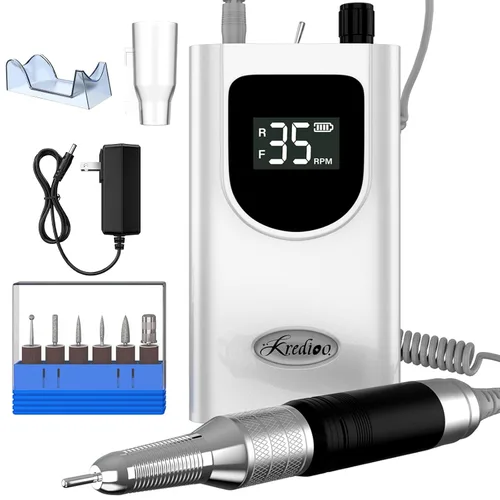 Miniatura 10 de Kredioo Taladro de uñas eléctrico profesional de 35000 rpm, máquina Efile portátil recargable, kit de 6 puntas para quitar uñas de gel acrílico, Gris