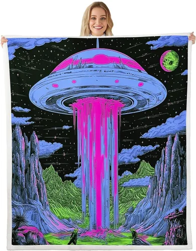 Miniatura 17 de Manta de franela de alienígena, misteriosa nave espacial estrellada con purpurina y planetas de cielo para decoración de habitaciones, manta