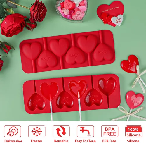 Miniatura 4 de Webake Moldes de Piruleta en Forma de Corazón de 6 Agujeros, Moldes de Caramelo de Chocolate en Forma de Corazón con Palillos de Piruleta, Ideales