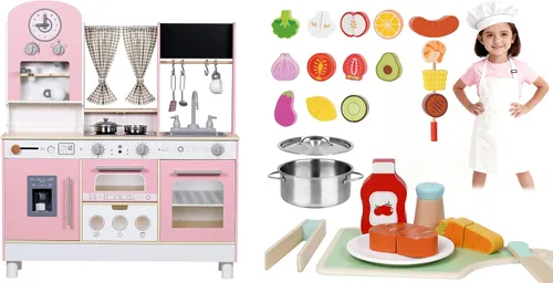 EDUBEBO Juego de cocina rosa de madera para niños con altura ajustable + juguetes de cortar alimentos - Juego de juego de simulación 3 en 1 para