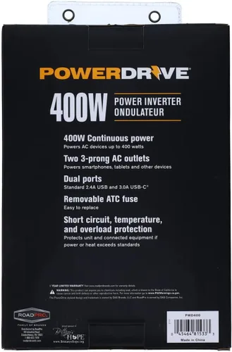 Miniatura 8 de PowerDrive PWD400 - Inversor de corriente de 400 vatios de 12 V CC a 110 V CA con 2 salidas y 2 puertos