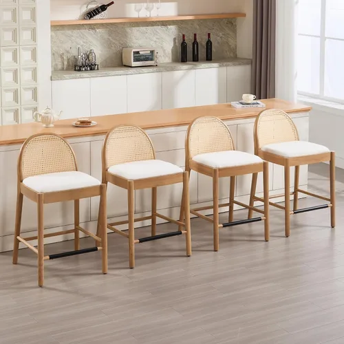 Miniatura 9 de HEAH-YO Taburetes de bar de ratán, juego de 2, taburetes de barra de 26 pulgadas de altura de mostrador con respaldos de ratán y patas de madera