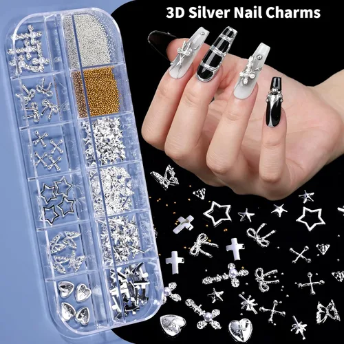 Miniatura 4 de Teenitor Juego de polvos de uñas cromados con dijes de uñas, polvo cromado plateado para uñas, polvo cromado de perlas de neón, gemas y perlas