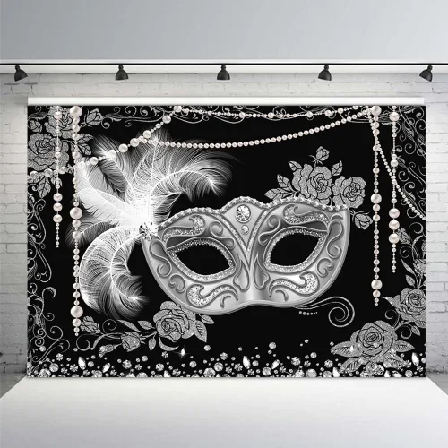 MEHOFOND Telón de fondo para baile de máscaras negro plateado, para fotografía de fiesta de máscaras, fondo para Mardi Gras, carnaval, decoración de