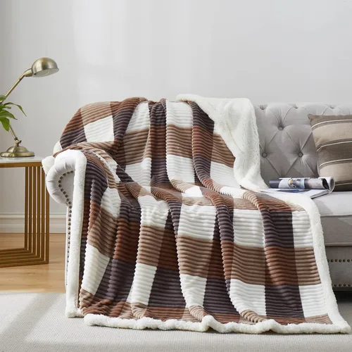 PU MEI Manta Sherpa tamaño matrimonial/Queen, manta gruesa a cuadros, 90 x 80 pulgadas, franela súper suave, forro polar, reversible, de terciopelo