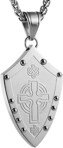 HZMAN - Collar con colgante de acero inoxidable con diseño de escudo medieval de los guerreros con nudo celta de cruz irlandesa color plateado y