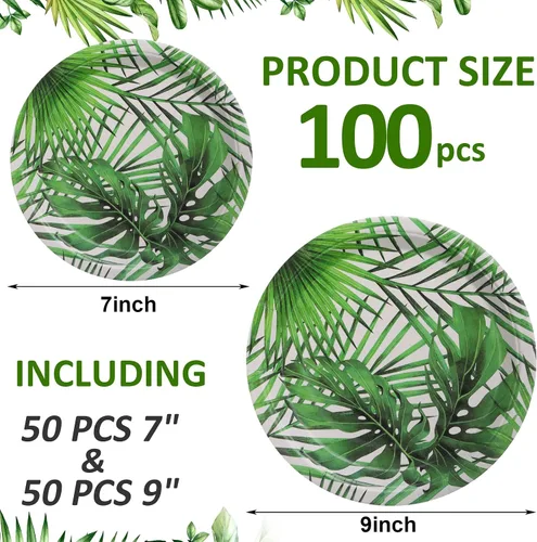 Miniatura 2 de Fuutreo 100 platos de papel tropical para fiesta, hojas de palma verdes, platos de papel de postre de 7 pulgadas y 9 pulgadas, platos desechables