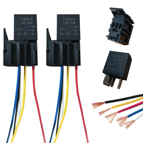 Relé automotriz de 5 pines 12v 30A con arnés, paquete de 2 relés manual, 12 voltios, reemplazo de relés de arranque del sistema eléctrico, kit de