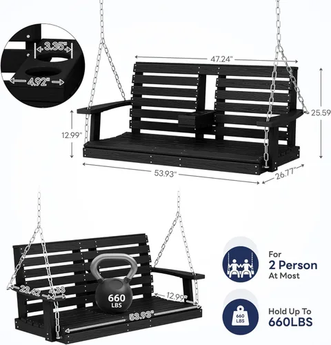 Miniatura 40 de KINGYES Columpio colgante para porche al aire libre, silla de columpio de patio de 2 asientos con portavasos, banco impermeable para patio y jardín