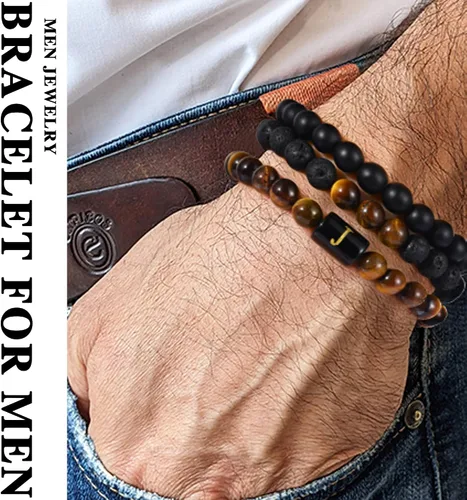 Miniatura 2 de Pulseras de cuentas con iniciales para hombres, regalos de 0.315 in, ojo de tigre, piedra de lava y roca de lava, pulseras de cuentas iniciales