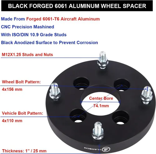 Miniatura 6 de Adaptadores de rueda ATV forjados negros de 4 x 110 a 4 x 156 de 1 pulgada con pernos de 12 x 1.25, compatibles con Honda-Suzuki-Yamaha-Kawasaki 4