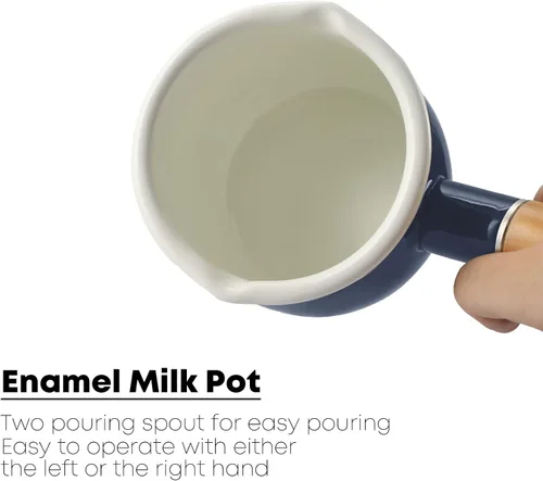 Miniatura 5 de Mini Olla de Leche Esmaltada de 0.6 Cuartos con Mango de Madera Aislado, 2 Picos Vertedores, Calentador de Alimentos Pequeño, Cacerola Bonita