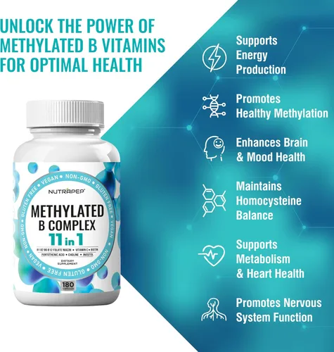 Miniatura 3 de NutraPep Vitaminas del complejo B metilado – Complejo multivitamínico completo de metilo B con bioactivo B9 5-MTHF B6 B12 – Suplemento de apoyo