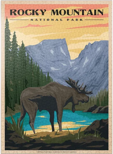 Miniatura 9 de MyPuzzle Rocky Mountain National Park - Alce en el amanecer rocoso, póster de viaje vintage, rompecabezas de 100 piezas para adultos