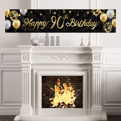 Cartel de feliz cumpleaños 90 para hombres y mujeres, letrero negro y dorado con purpurina de 90 años, suministros de decoración de fiesta de