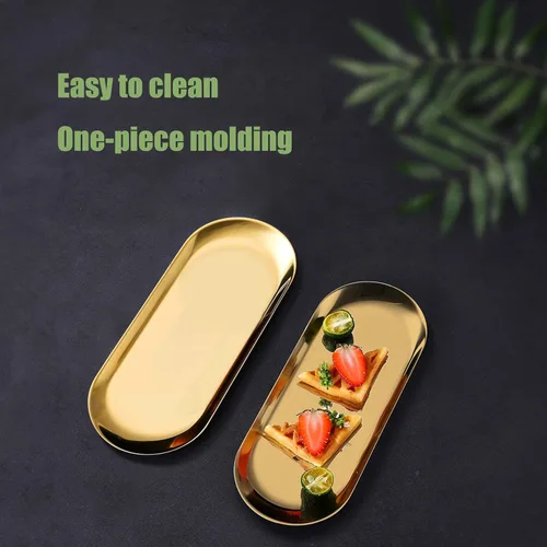 Miniatura 4 de Bandeja dorada de acero inoxidable, bandeja decorativa de tocador, platos de almacenamiento de toallas ovaladas de metal, platos organizadores