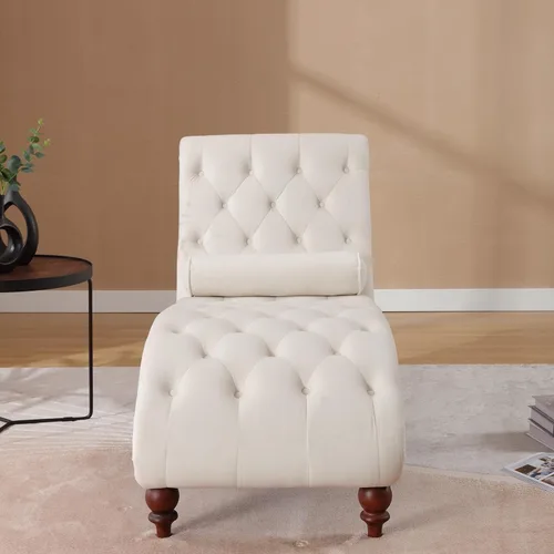 Miniatura 3 de Moderna tumbona de terciopelo para interiores con ribete de cabeza de clavo, sillón sin brazos con botones para interior con almohada lumbar y 4
