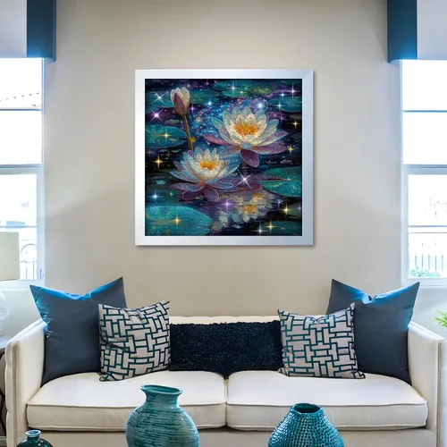 Miniatura 7 de Rompecabezas de flores de loto de ensueño para adultos, 1000 piezas, rompecabezas artístico de lirio de agua de fantasía con estrellas brillantes
