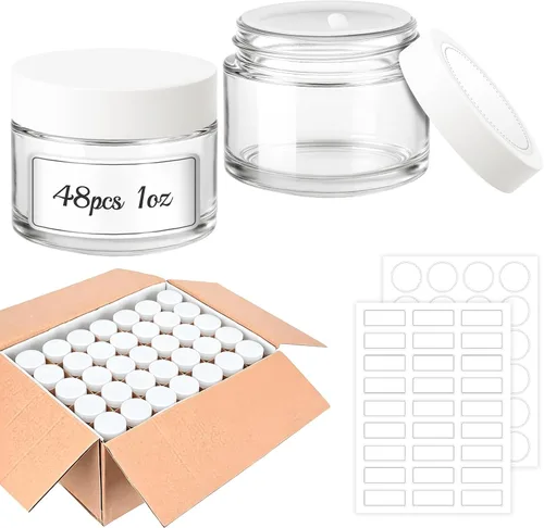 Miniatura 14 de Bumobum - Tarros de vidrio de 1 onza con tapas, paquete de 48 tarros de crema ámbar con tapas negras, etiquetas blancas y negras y revestimientos