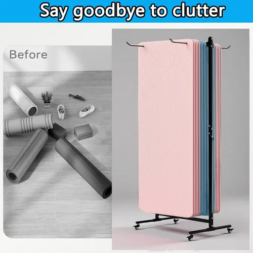 Miniatura 7 de Soporte para tapete de yoga colgante, carrito de esterilla de yoga rodante, estante de almacenamiento de gran capacidad, con perforador, estante