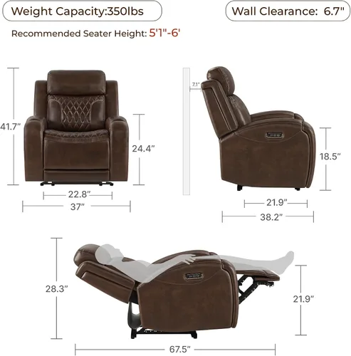 Miniatura 2 de CHITA Silla reclinable de cuero genuino para adultos con reposacabezas eléctrico ajustable, sillón reclinable plano con portavasos extraíbles