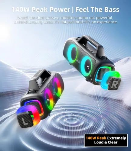 Miniatura 3 de Altavoz Bluetooth portátil inalámbrico, sonido fuerte de 140 W de pico con 2 subwoofers y refuerzo de graves, altavoz impermeable para exteriores