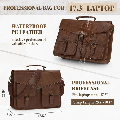 Miniatura 3 de RAINSMORE Bolsa de mensajero para hombre de 17 pulgadas, maletín para computadora portátil, impermeable, de cuero, para trabajo, oficina, viajes