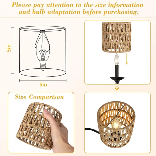 Miniatura 3 de Juego de 6 pantallas de araña de 5.0 x 5.0 pulgadas, pequeñas pantallas de lámpara de ratán con clip en bombilla, reemplazo de pantallas de lámpara
