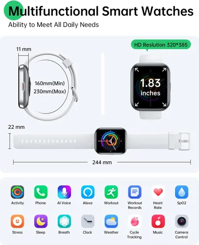 Miniatura 6 de WMK Relojes inteligentes para mujeres y hombres (Android/iPhone), reloj inteligente Alexa HD de 1.83 pulgadas con llamadas Bluetooth, Blanco